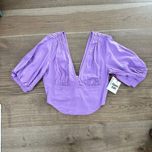 Open Edit V Neck Linen Crop top- small‎ Purple Lavender